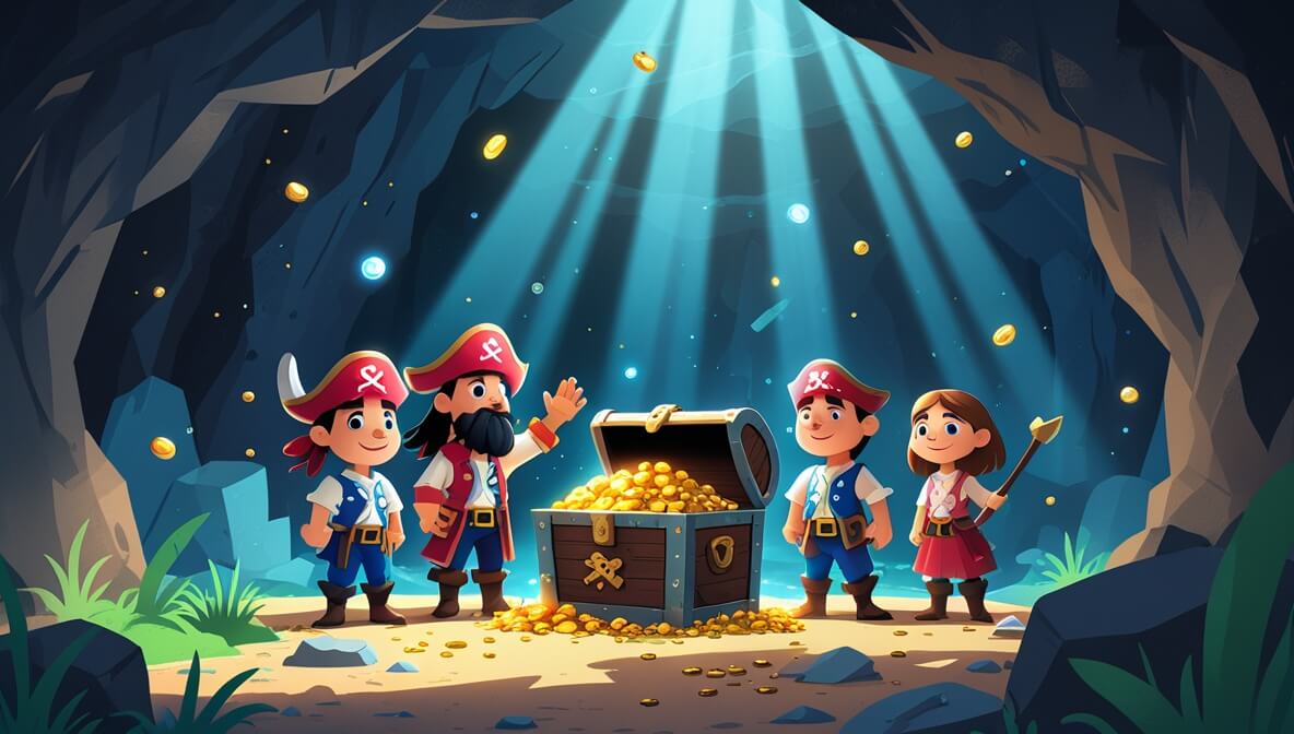 Pirate captain and crew in a cave, sunlight on a treasure chest, surrounded by dark stone walls, expressions of awe.