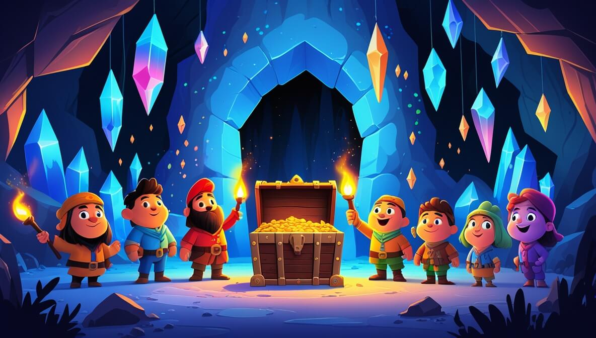Pirate crew celebrates around a sparkling treasure chest in a crystal-filled cave with colorful reflections.