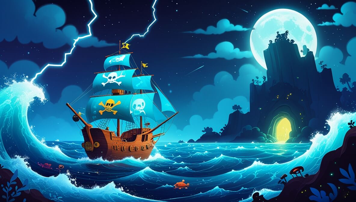 Pirate ship in stormy sea, Captain Flint and crew, Misty Isle with glowing cave under moonlit sky