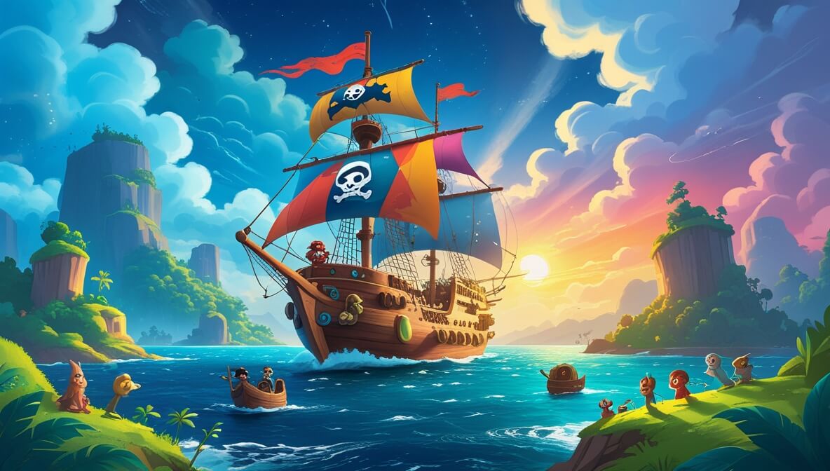Pirate ship Sea Rover sailing to a lush island under a sky shifting from stormy clouds to a radiant sunset.