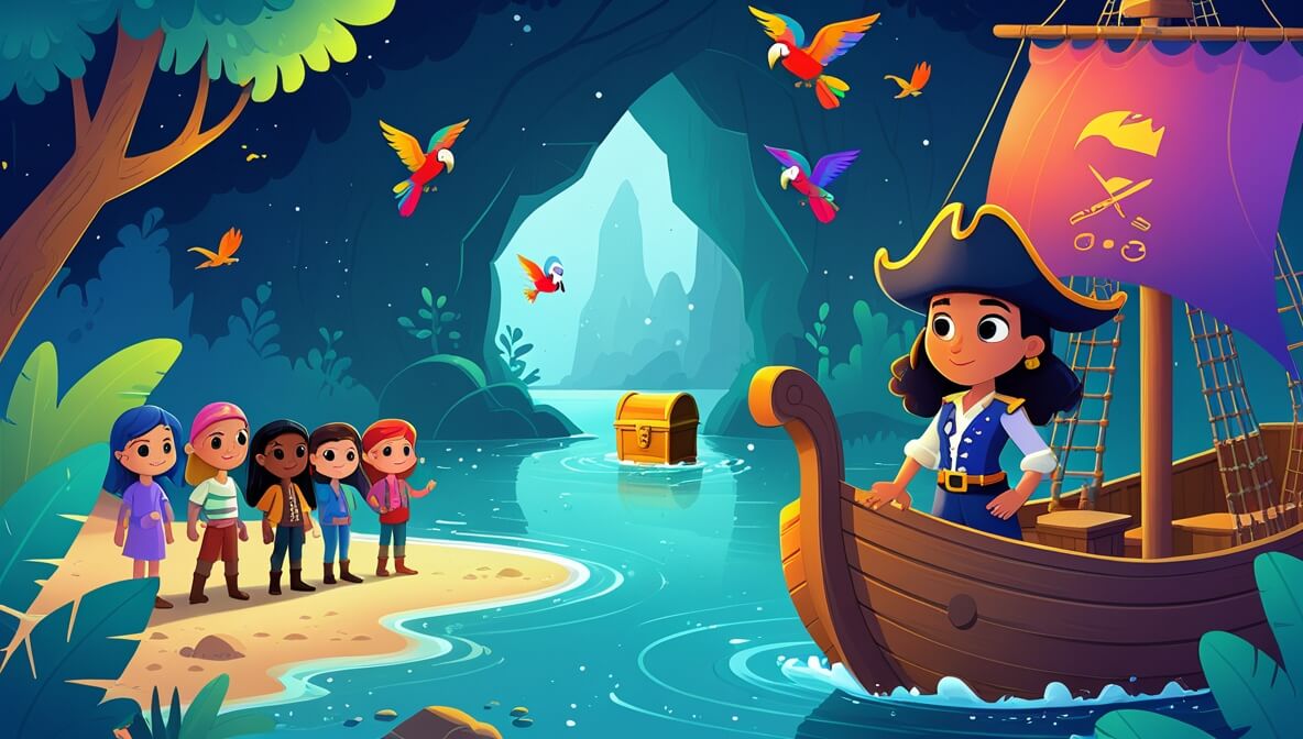 Young pirate captain on ship with diverse crew, facing lagoon with hidden cave, colorful parrots, and treasure chest.