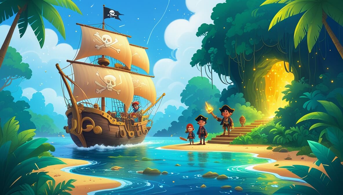 Pirate ship in storm near island, lagoon, and cave entrance glowing gold amidst lush jungle.