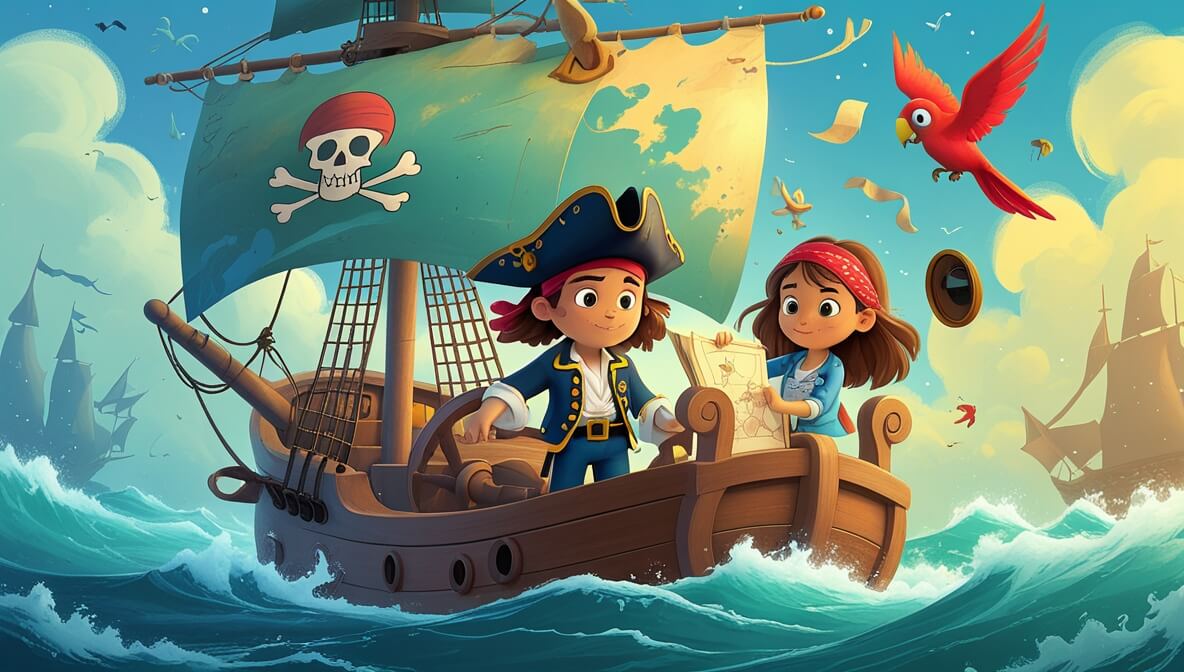 Pirate Captain Marley at the helm, Sailor Finn with a map, Bonnie with a spyglass, and Parrot Percy overhead.