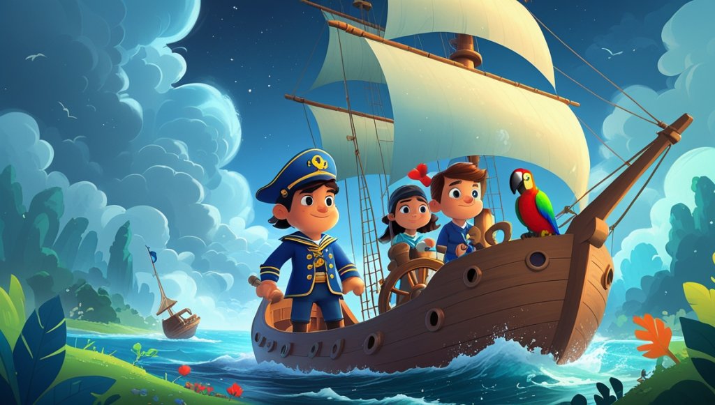 Captain in blue coat at ship's helm, with parrot and crew, facing a distant storm and preparing for adventure.