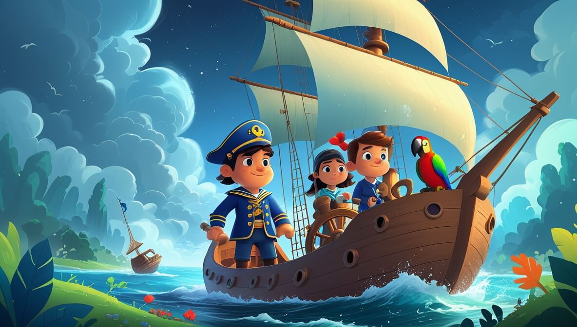 Captain in blue coat at ship's helm, with parrot and crew, facing a distant storm and preparing for adventure.