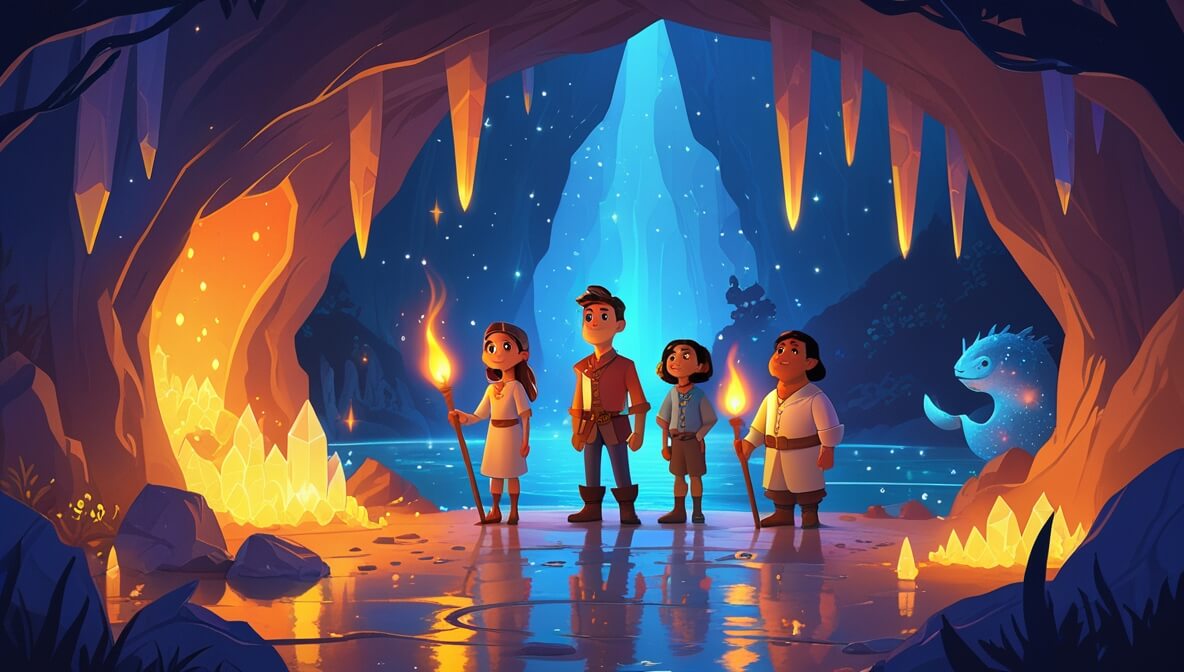 Captain Marlow and crew in a glowing crystal cave, torches lighting the path to a sparkling lagoon.