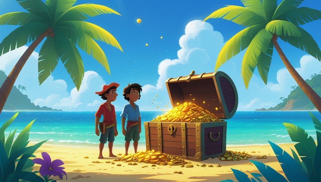 Pirate crew on a sunny beach with a treasure chest of gold, surrounded by swaying palms and a clear blue lagoon.