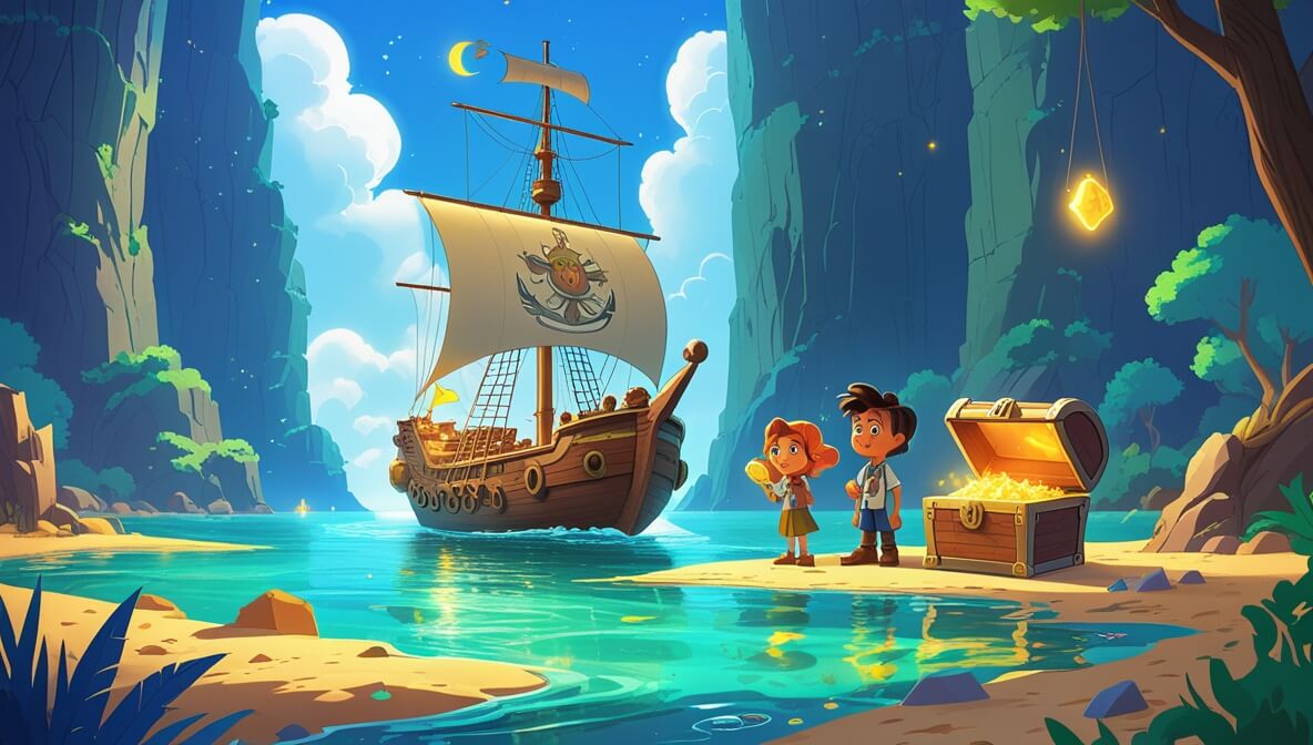 Captain Stormalong on Sea Hawk in a sunlit lagoon, Marigold holds a glowing stone, crew admires a treasure chest.