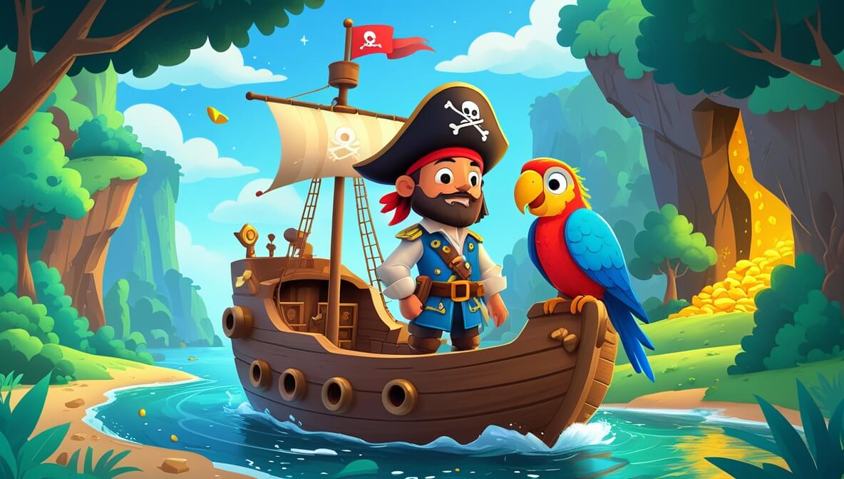 Brave pirate captain with a colorful parrot sails into a lush lagoon with a gold-filled cave nearby.