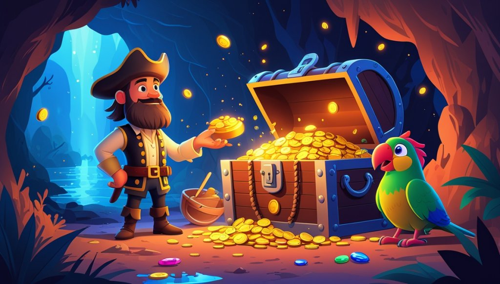 Pirate crew in a glowing cave with a treasure chest full of gold and jewels, illuminated by magical light.