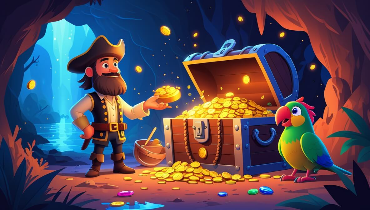 Pirate crew in a glowing cave with a treasure chest full of gold and jewels, illuminated by magical light.