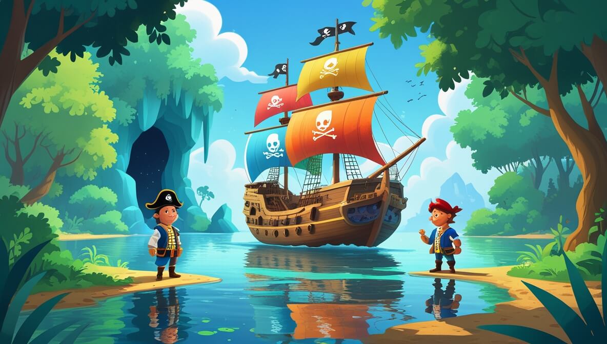 Pirate ship with colorful sails in a lagoon, surrounded by trees; captain, navigator, and deckhand on deck.