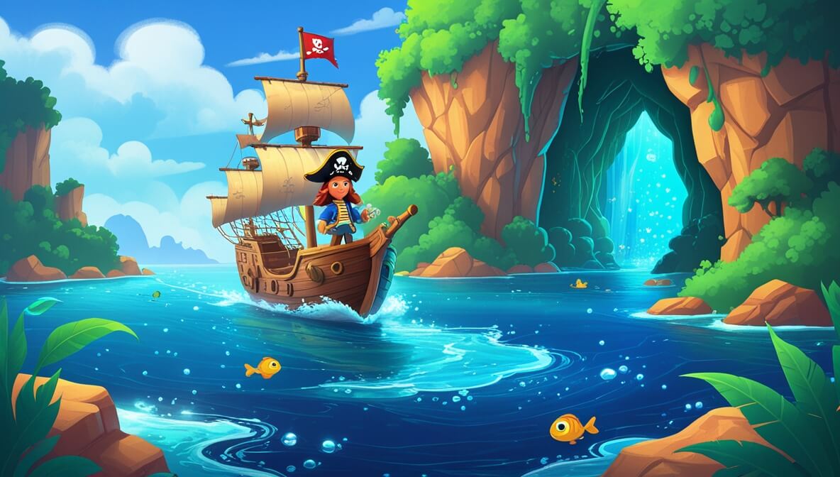 Pirate ship on blue sea, Captain Torin steering, Mira in crow's nest, cave entrance hidden by greenery.