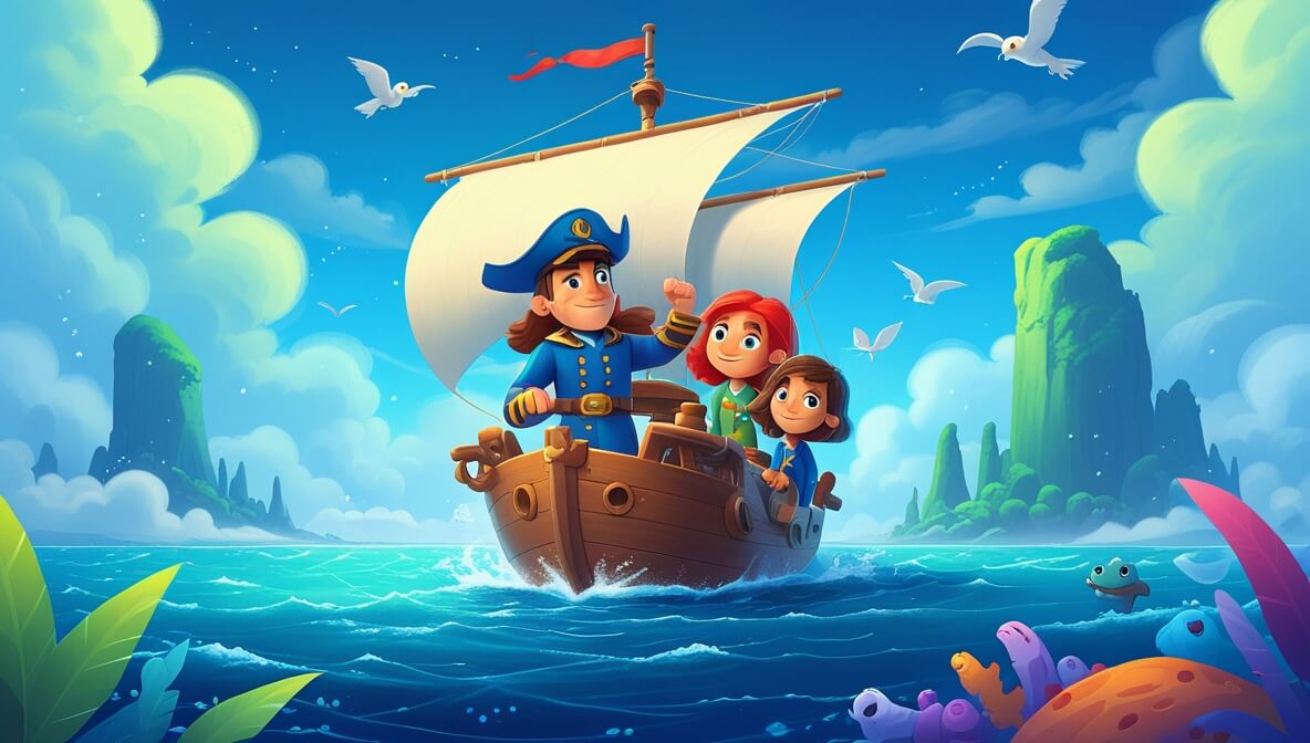 Captain Vex on the Sea Hawk with Milo, Ruby, and Old Zane, sailing towards a misty, mysterious island.