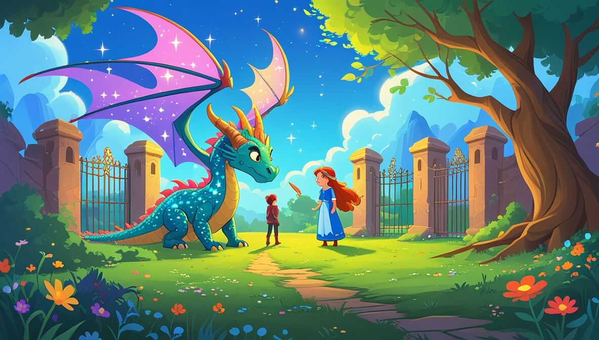 Sunlit valley with a shimmering dragon, brave princess, vibrant flowers, and a wise old tree under bright skies.