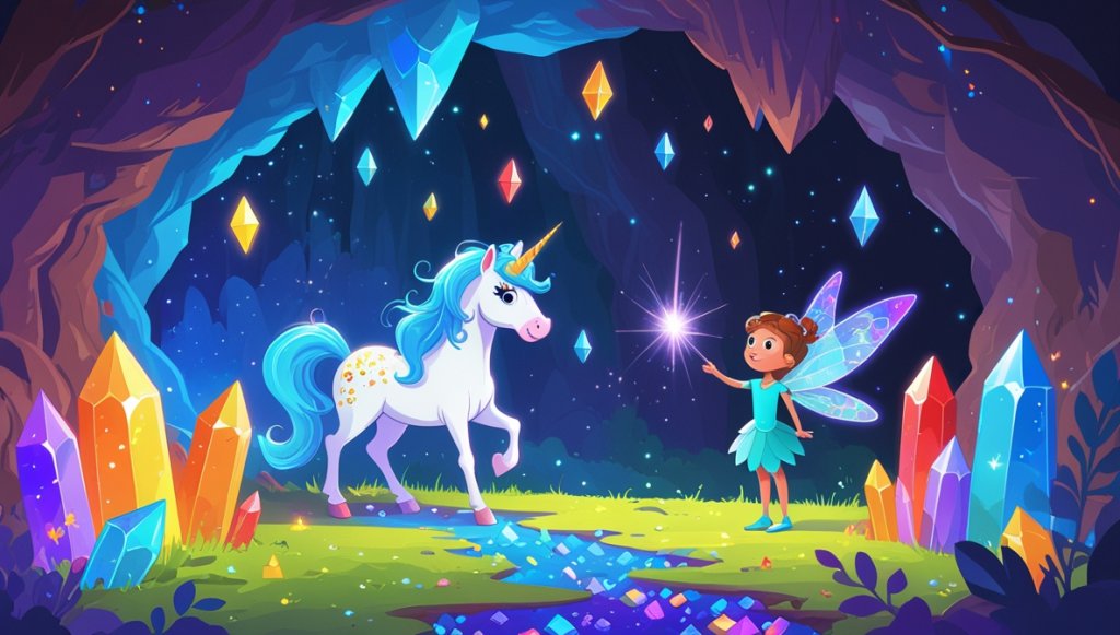 Princess with golden hair, unicorn with blue mane, and fairy with sparkling wings in a cave of rainbow crystals.