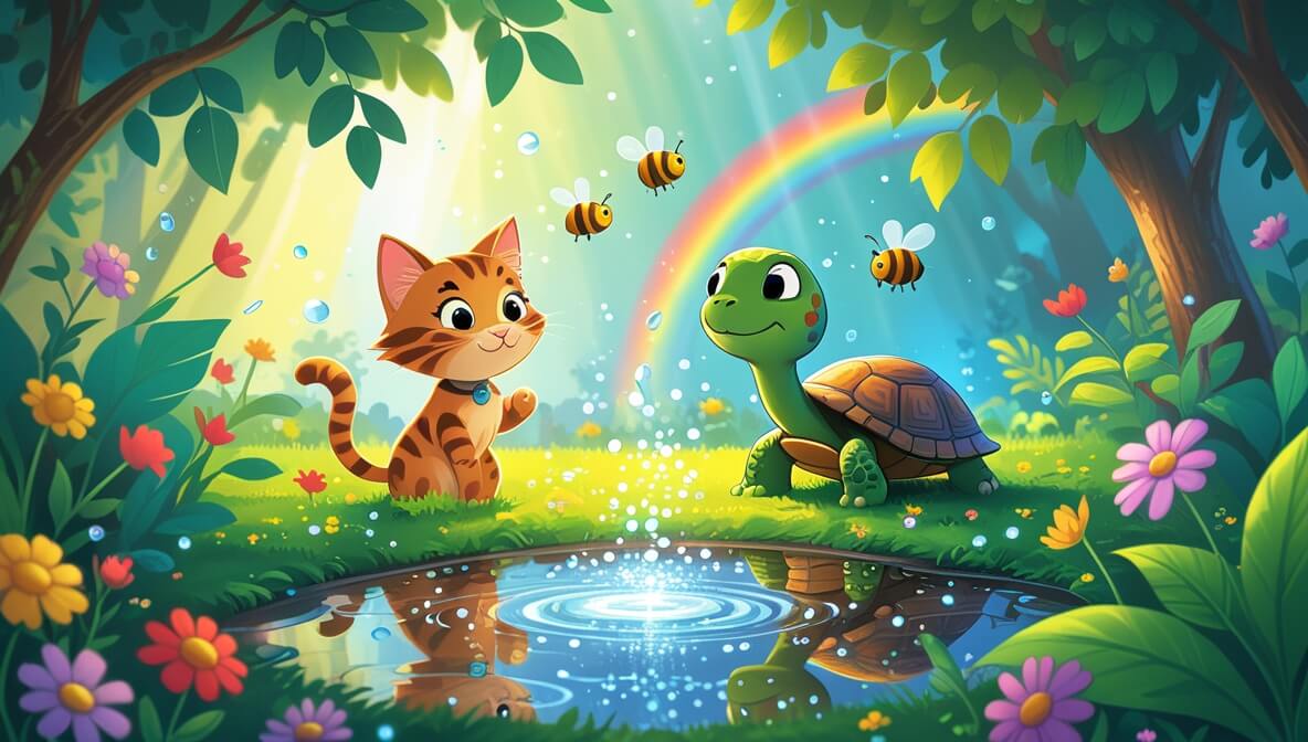 Kitten and turtle by a sparkling puddle amid colorful flowers, sunlight, and a rainbow in a vibrant garden.