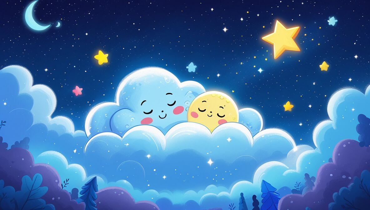 Cozy cloud cuddles the moon with a vibrant star nearby, under a deep blue sky filled with twinkling stars.
