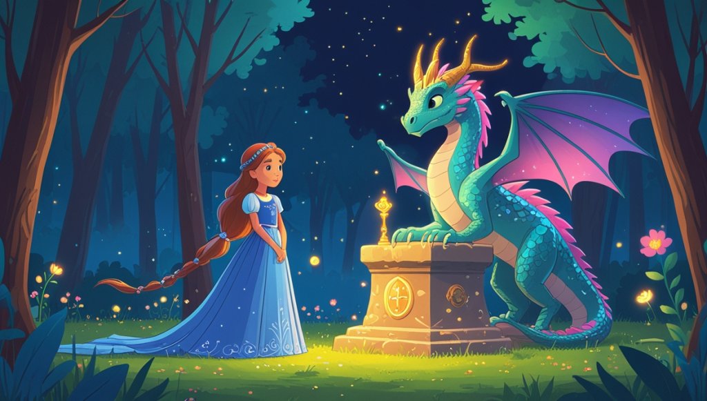 Princess Miren with Draco in a moonlit forest, legendary crown on a pedestal, surrounded by glowing flowers.