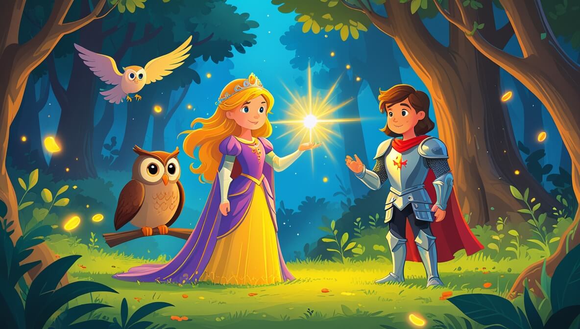 Brave princess with golden hair and knight in forest, holding glowing Crown of Light with enchanted owl nearby.