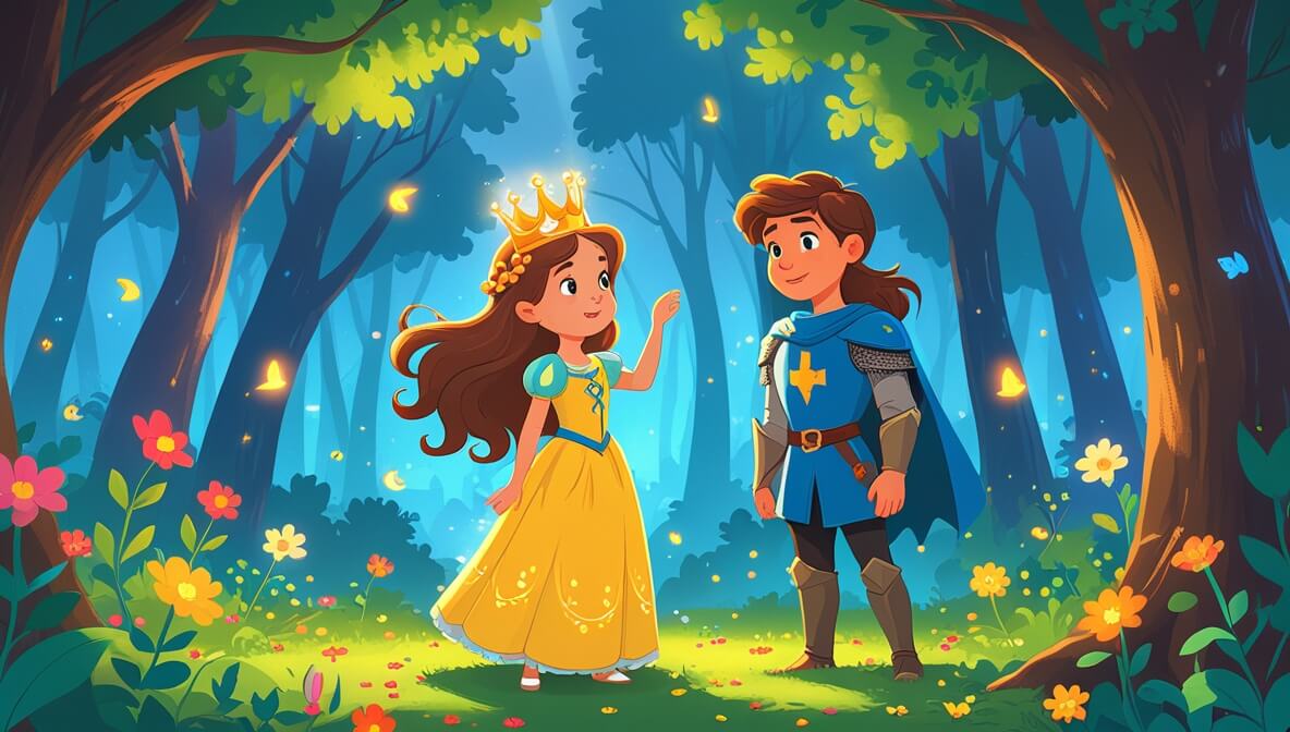Young princess crowns herself in enchanted forest, beside an awed knight, with singing flowers and whispering trees.