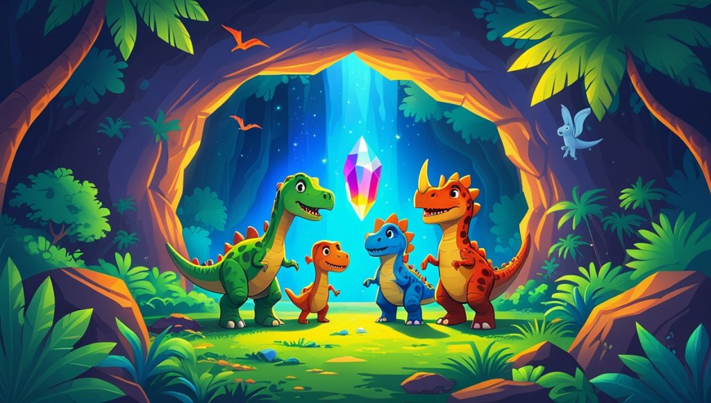 Dinosaurs in a jungle cave, lit by a dazzling multi-colored crystal amidst lush greenery.