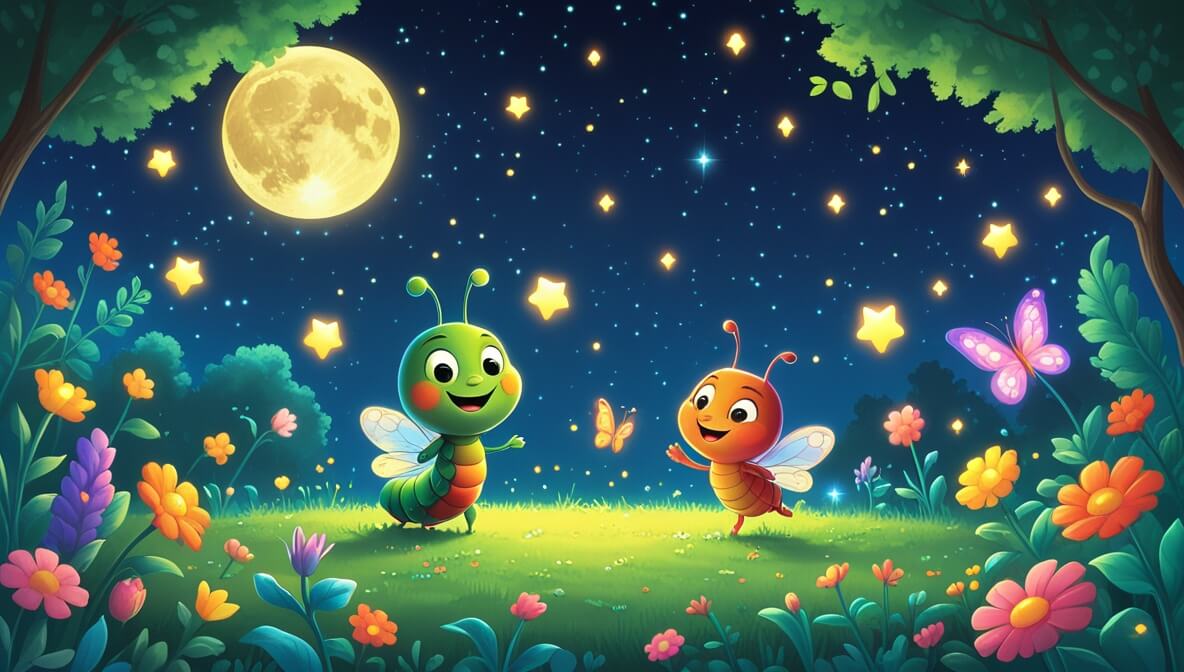 Coco the caterpillar and Brina the butterfly dancing among colorful flowers under a starry night sky.