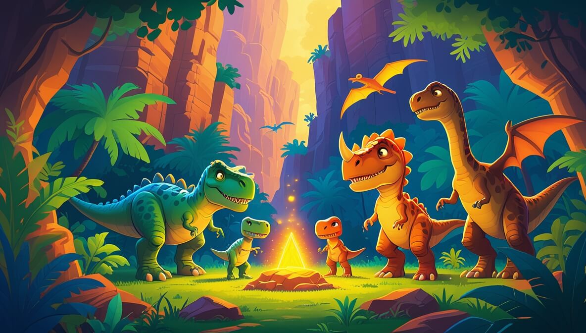 Young Triceratops, Brachiosaurus, and Pterodactyl by a glowing volcano in a prehistoric jungle.
