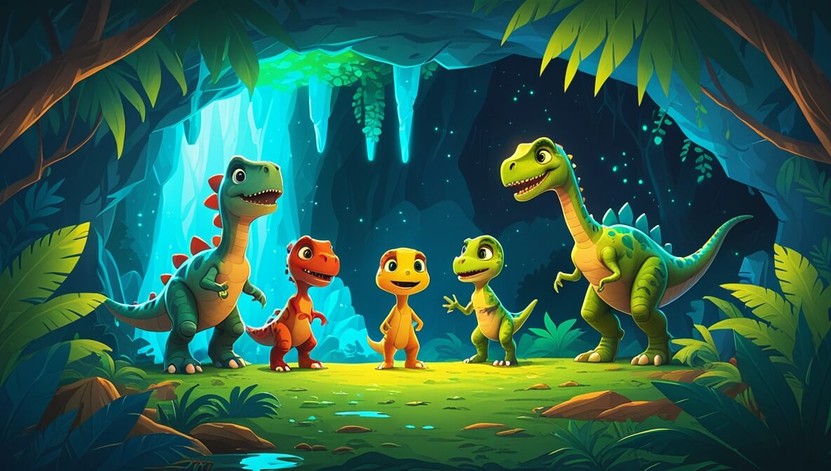Dinosaurs in a glowing cavern with shimmering blue and green stones, amazed expressions on their faces.