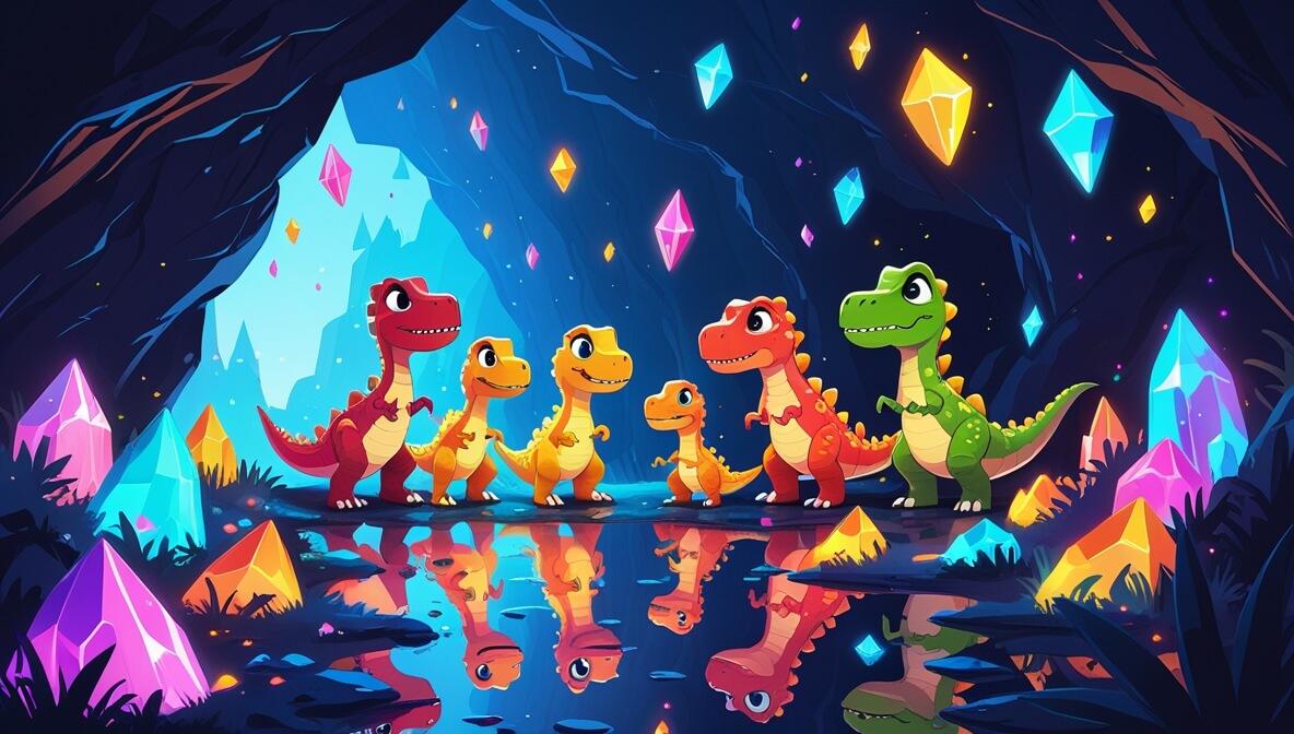 Dinosaurs in a glowing cave with vibrant, shimmering crystals casting colorful reflections on dark walls.