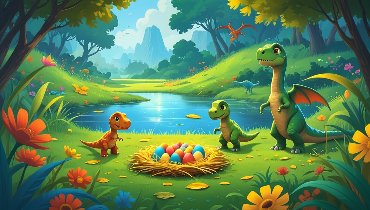 Tiny dinosaur by a shimmering lake, with a Pterodactyl and Ankylosaurus near a nest of golden leaf dino eggs.