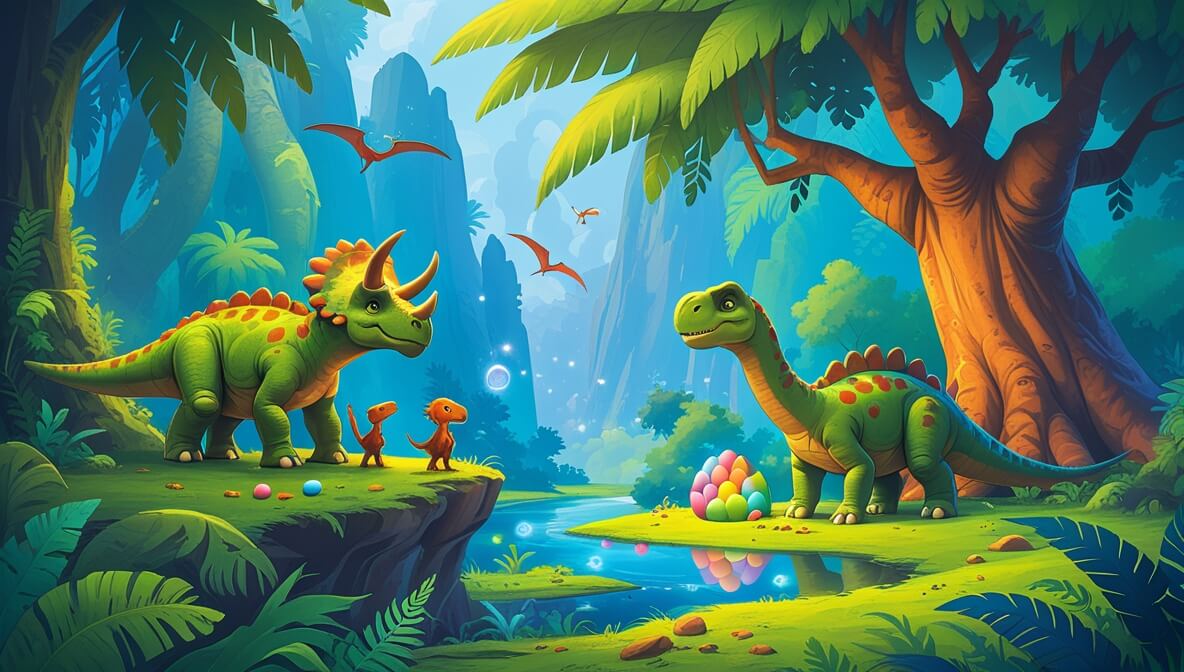 Young Triceratops and Pterodactyl by a canyon, colorful eggs in a hidden valley, giant tree with Brachiosaurus.