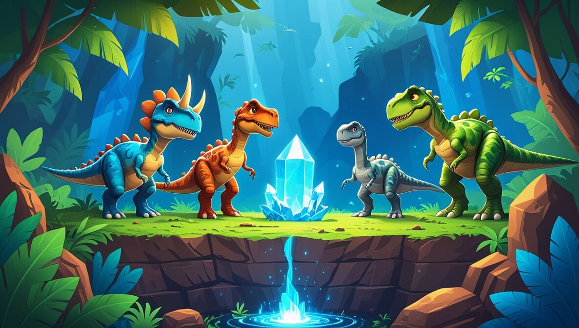Three dinosaurs gaze at a glowing blue crystal in a lush jungle canyon, surrounded by ancient fossils.