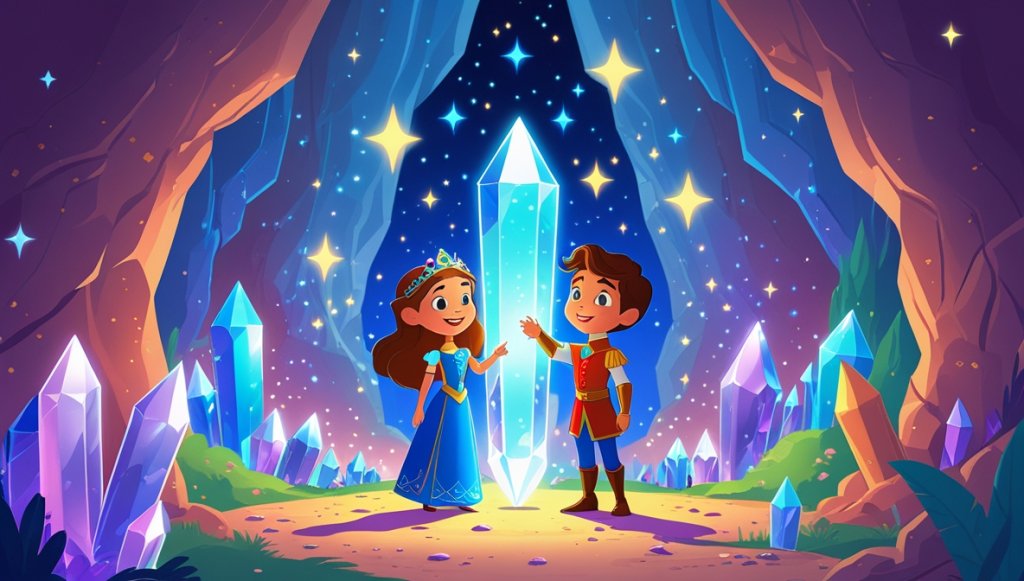 Princess Amara and Prince Orion in a sparkling crystal cavern with a glowing Crystal of Dreams and twinkling stars.