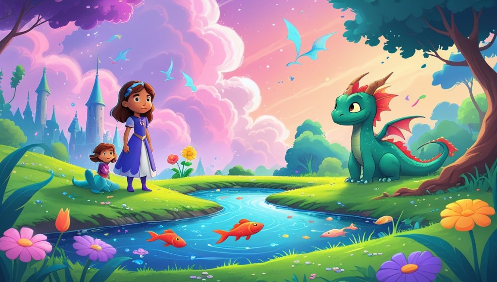 Princess and boy gaze at pink sky, purple clouds; river sparkles through grass; friendly dragon nearby, flowers smile.