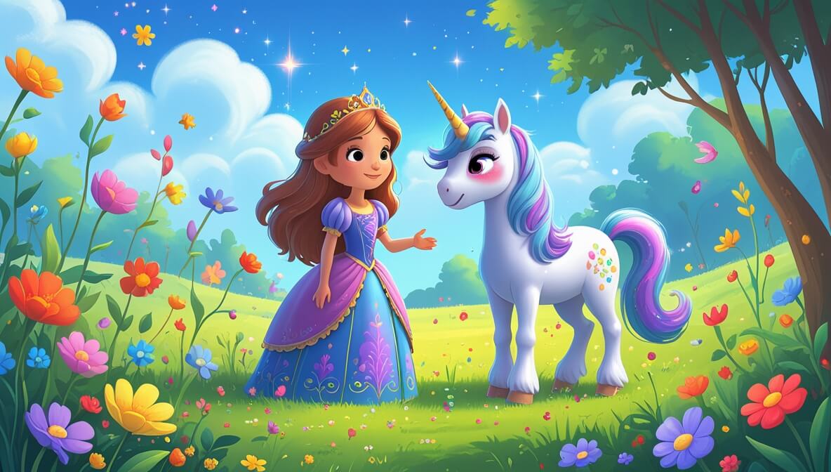 Princess in a meadow with colorful flowers, standing beside a unicorn with a shimmering mane under a bright sky.