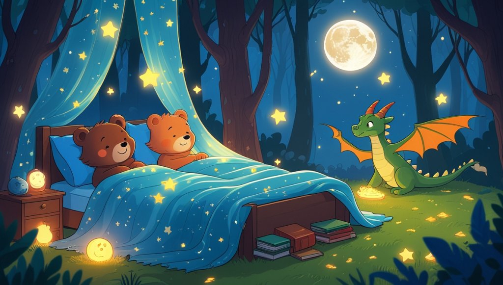 Little bear and playful cat in bed under a glowing magical blanket, with a friendly dragon under twinkling stars.