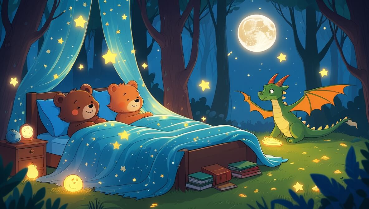 Little bear and playful cat in bed under a glowing magical blanket, with a friendly dragon under twinkling stars.
