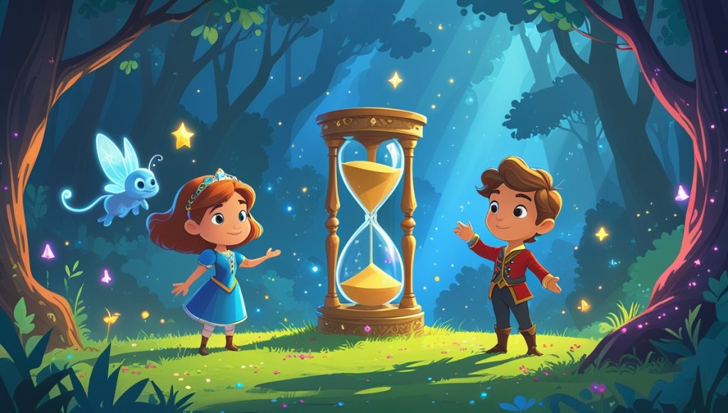 Princess and prince in a colorful valley with a floating hourglass, magical creature, and enchanted forest shadows.