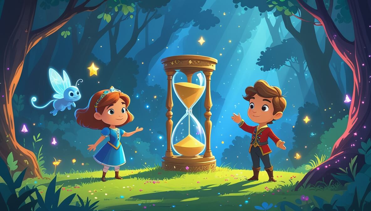 Princess and prince in a colorful valley with a floating hourglass, magical creature, and enchanted forest shadows.