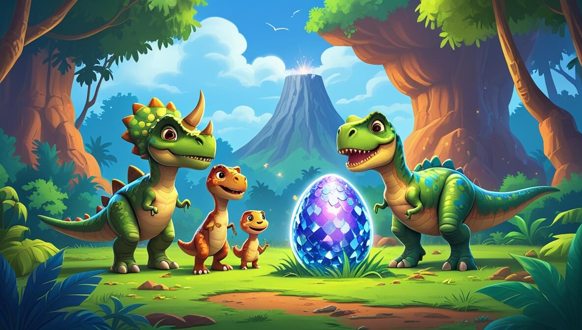 Triceratops and T-Rex with a sparkling egg in a lush jungle, baby Crystalosaurus hatching near a Volcano Guardian.