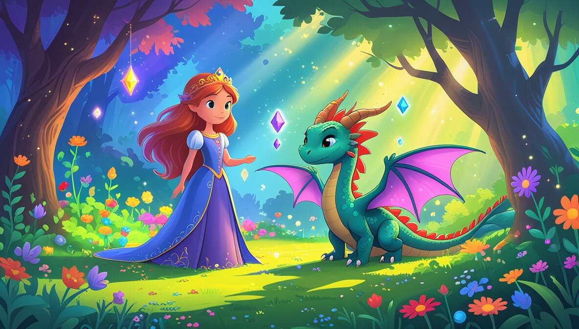 Princess Elowen with glowing dragon Draco in a colorful flower garden under enchanted trees.