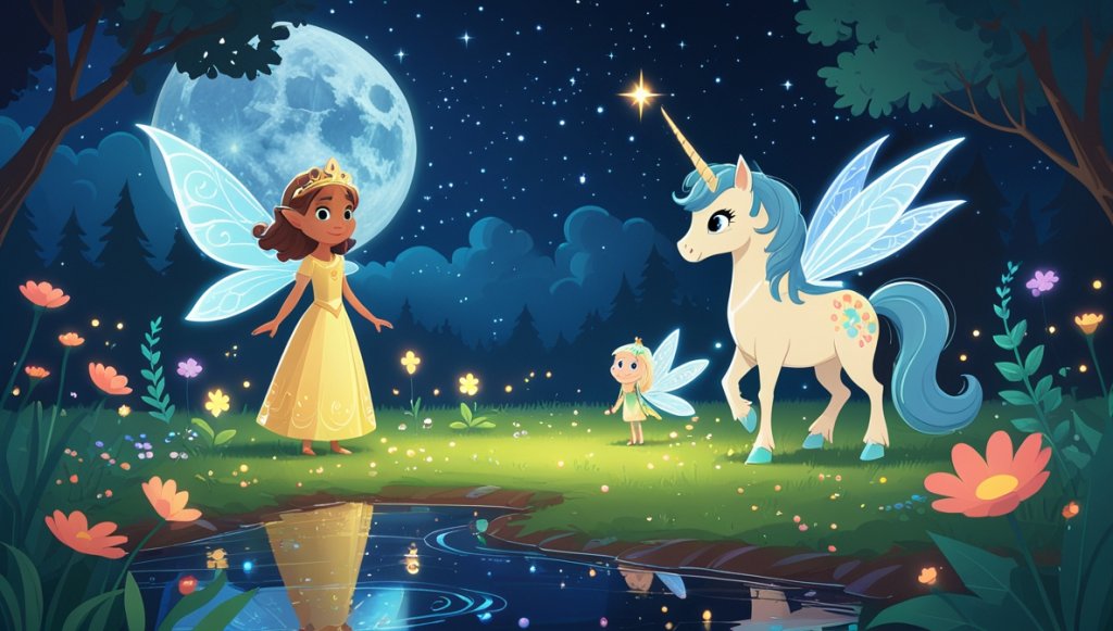 Princess Elowen with fairy Nyx and unicorn Zephyr in a moonlit flower clearing by a gentle stream.