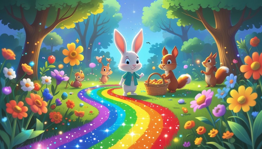 Curious bunny Finley and squirrel Daisy in a vibrant garden with a rainbow path, surrounded by colorful flowers.