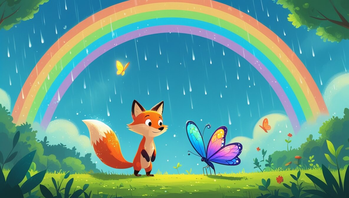 Orange fox and colorful butterfly in a green clearing under a rainbow with misty raindrops in a sunny sky.