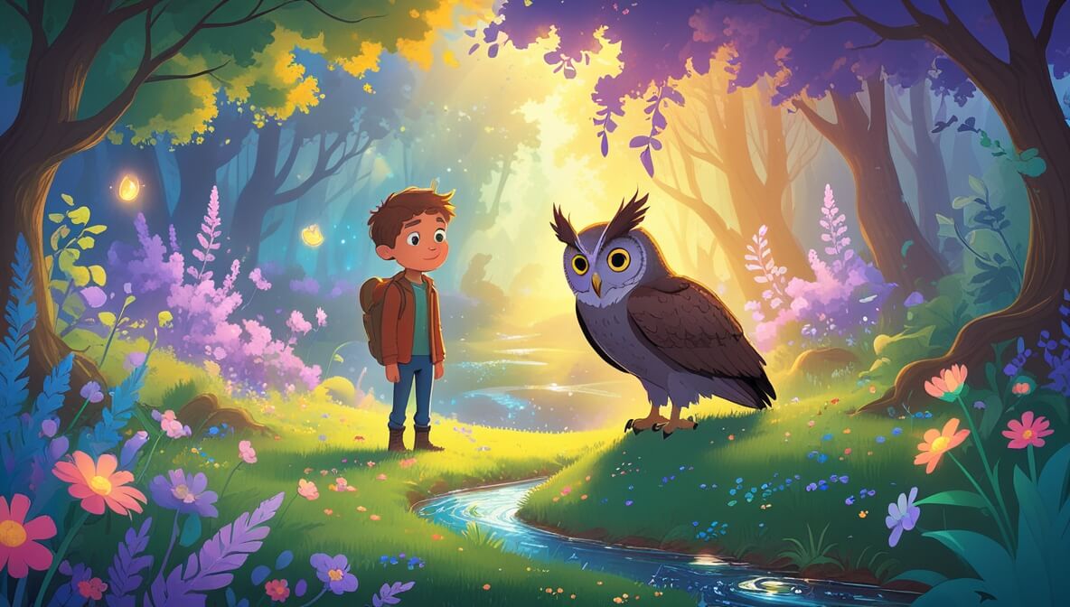 Curious boy and wise owl in a vibrant glade with colorful flowers and a sparkling stream under golden sunlight.