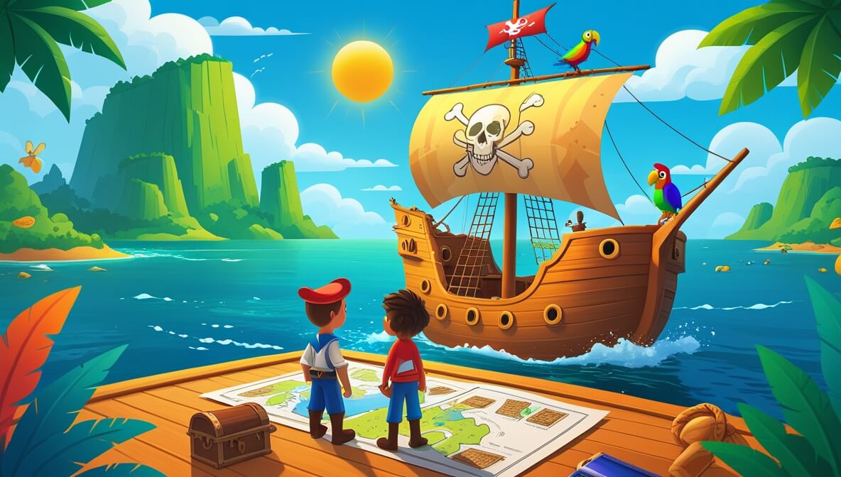 Pirate ship sails to green island; parrot on mast, young sailor and captain study treasure map under sun.