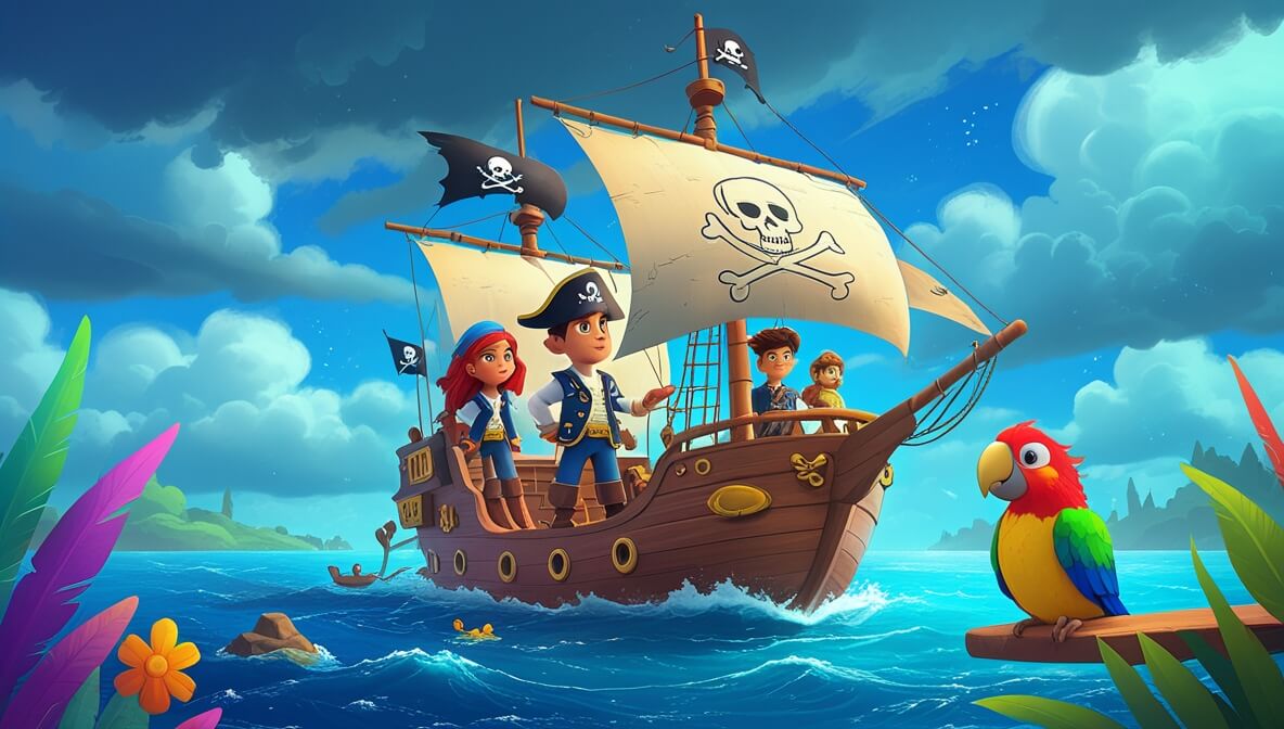 Young Captain Finn at the ship's helm, Bria in crow's nest, Jax with a map, and Parrot Squawk perched nearby.