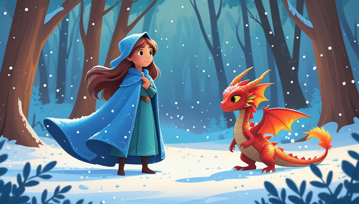 Princess in blue cloak with tiny glowing dragon in snowy forest, snowflakes falling softly around them.
