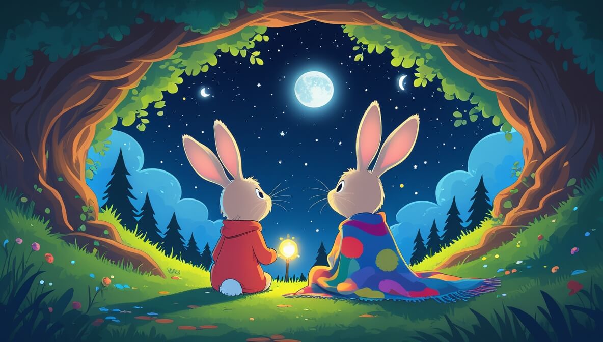 Little bunny and mother bunny gaze at the starry night from a cozy burrow entrance beneath a green hill.